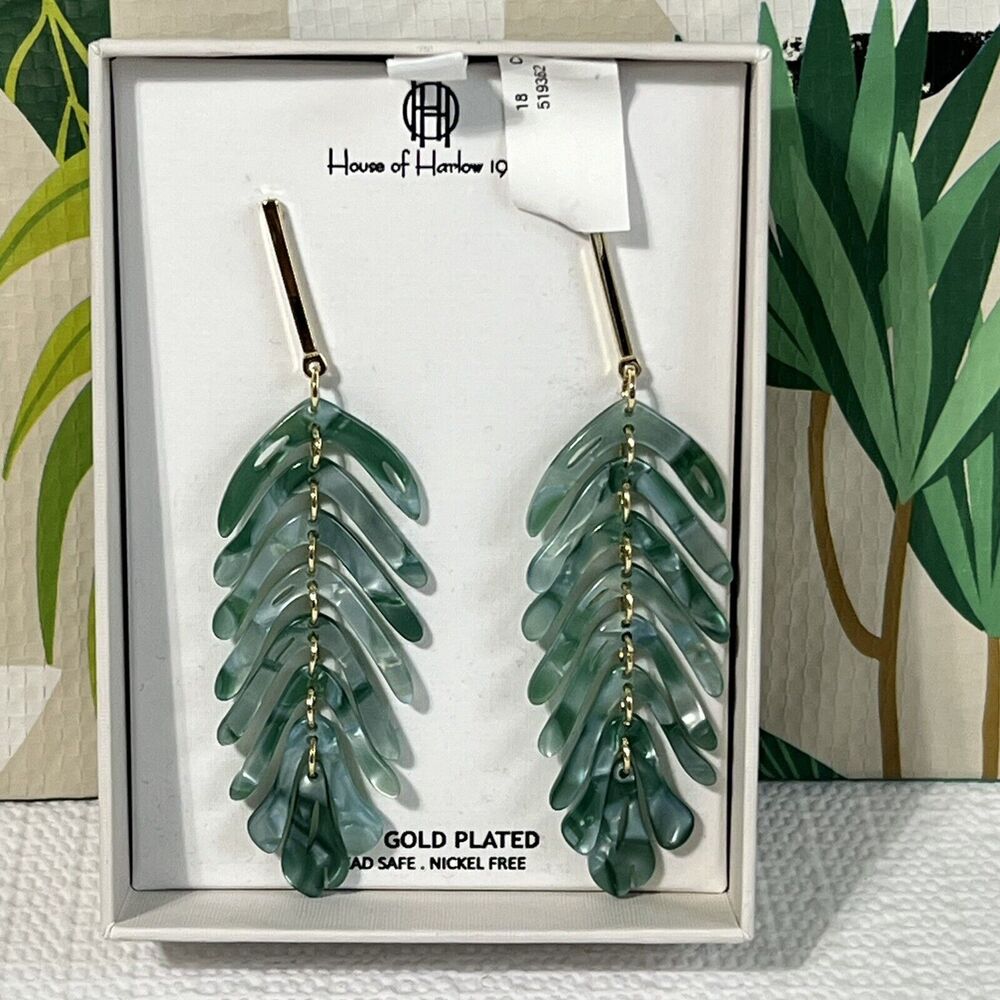 14K Gold Plated Dangling Leaf Earrings Green Lead Free House of Harlow 1960